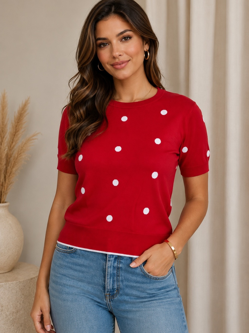Cielo Red Short Sleeve Knit Top with White Polka Dots